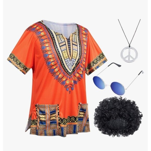 70s‎ Disco Costume Mens Hippie Halloween Set Shirt Wig Sunglasses Necklace - Picture 2 of 6